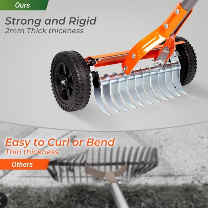 Adjustable blade angles (0°–12°) on the garden tools dethatching roller rake for customized lawn care.
