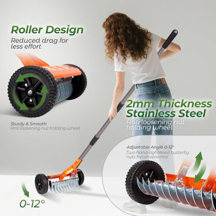 Ergonomic 76.8'' handle of the garden tools dethatching roller rake for comfortable use.