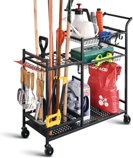 PLKOW garden tools organizer with wheels, showing multiple storage compartments.
