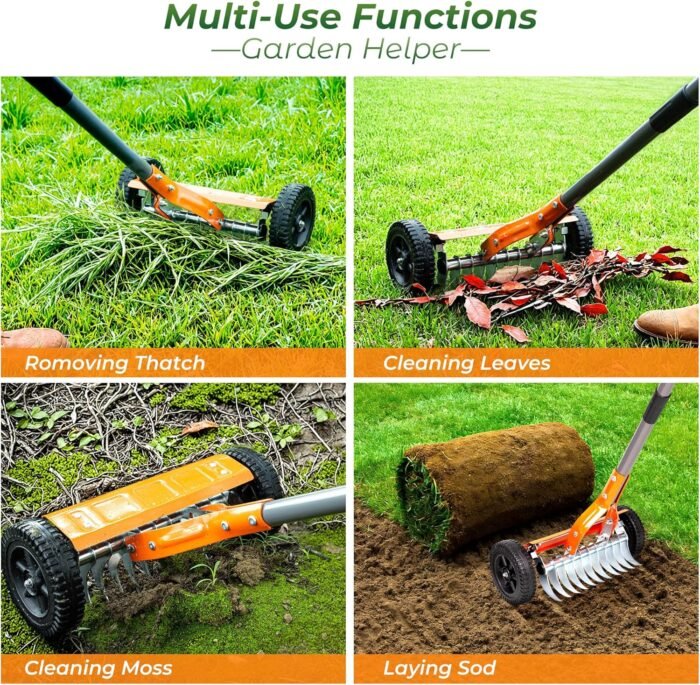 The garden tools dethatching roller rake removing thatch, moss, leaves, and debris efficiently.