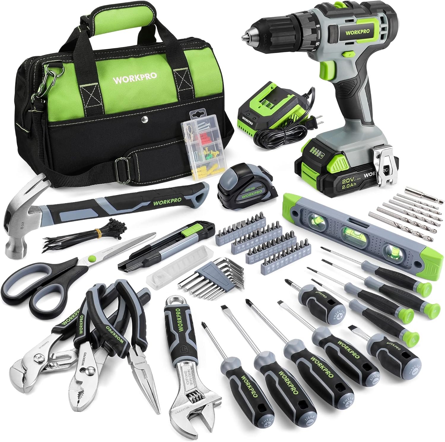 WORKPRO 157PCS Power Tools Set Overview Comprehensive power tools kit with 20V cordless drill, 2-speed driver, and 157 accessories for DIY and home repairs.