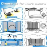 Adjustable 3-level gymnastics bar promotes physical fitness and balance on this outdoor trampoline for kids.