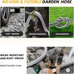The heavy duty hose includes a 10-function nozzle for multiple spray options like mist, jet, and shower.