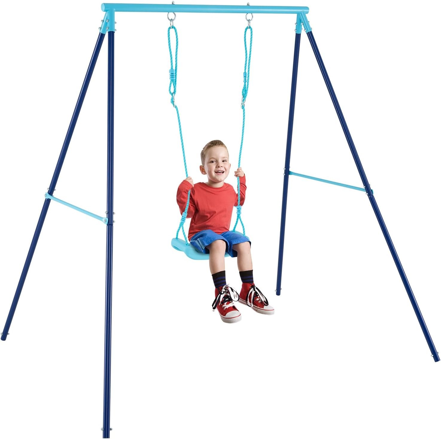 Costzon A-Frame Swing Set for Backyard Swing set A-Frame metal stand shown fully assembled in a backyard setting.