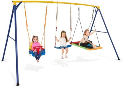 Swing Set for Kids showing the full assembly with baby swing, belt swing, and large platform swing.